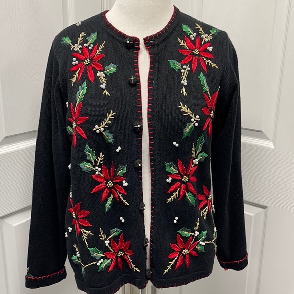 victoria jones Sweaters - Victoria Jones Black Christmas Poinsettia Sweater